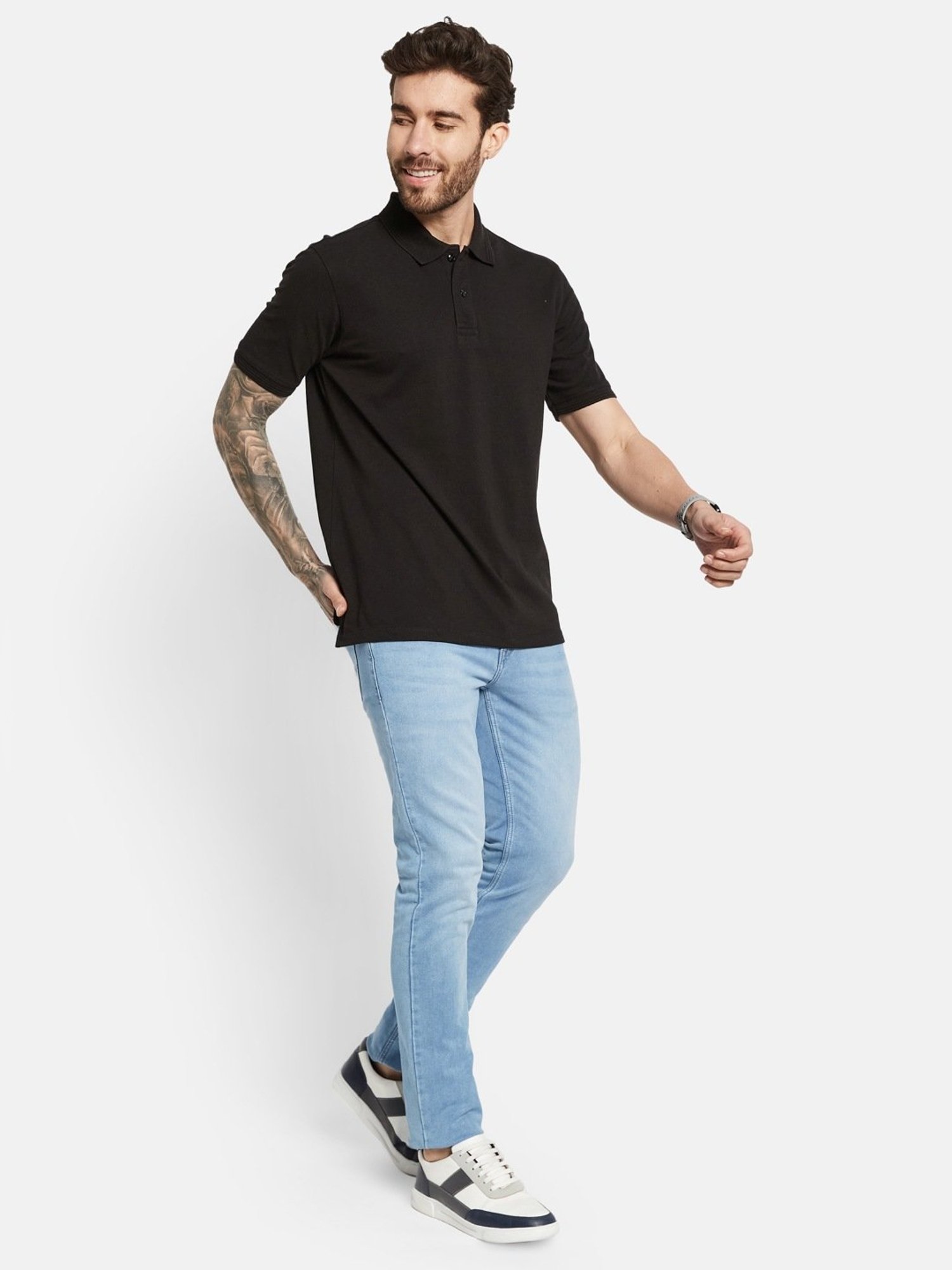 Octave Black Cotton Regular Fit Polo T-Shirt