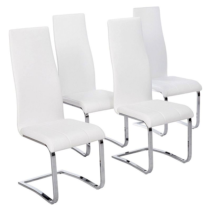 Coaster Home Furnishings Faux Leather Ergonomic Contemporary Modern High Back Side Dining Room Chairs, White and Chrome (Set of 4)