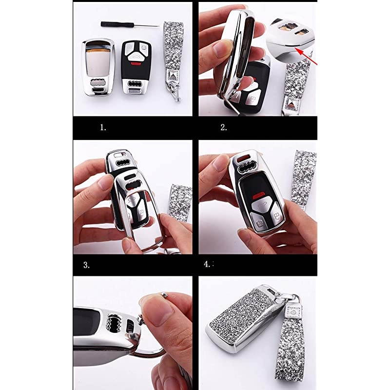 TM Luxury 3 Buttons 3D Bling Smart keyless Entry Remote Key Fob case Cover for Audi A3 A4 A5 A6 Q3 Q5 Q7 C5 C6 B6 B7 B8 TT 80 S6 A6 C6 Accessorieswith Keychain Silver