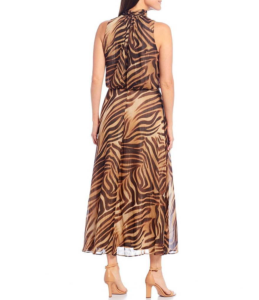 London Times Petite Size Mock Neck Sleeveless Zebra Print Maxi Dress