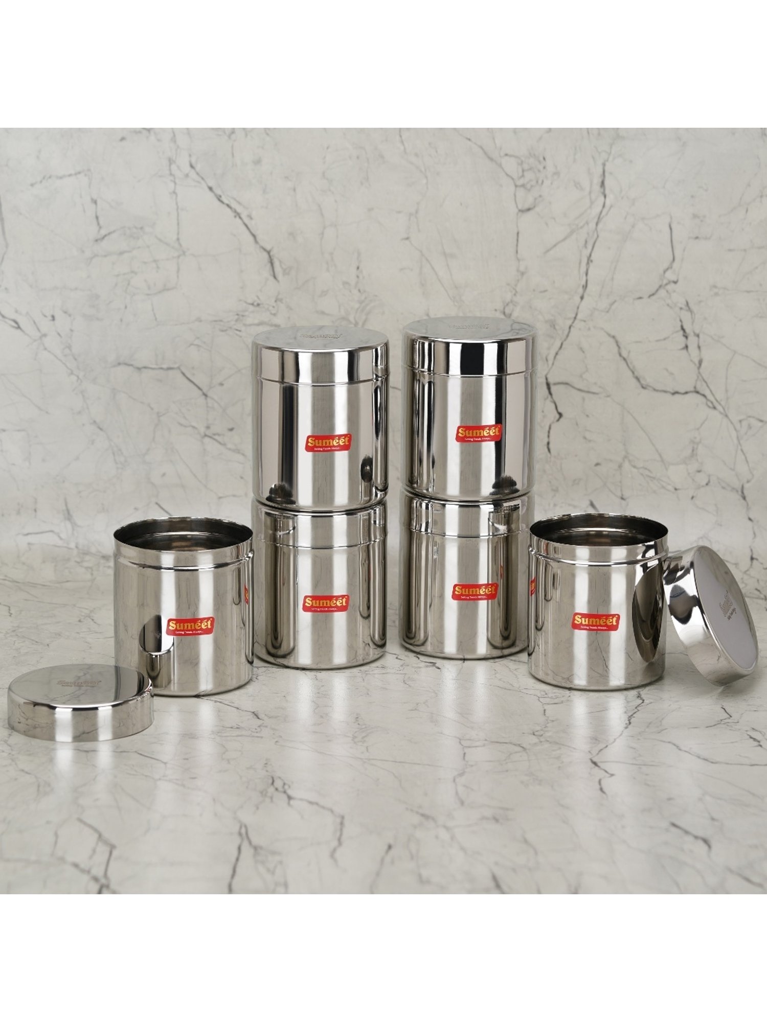 Sumeet S.S. Small Canisters/Jars/Ubha Dabba/Storage Containers set of 6Pcs, 350ml each, 7.5cm Dia