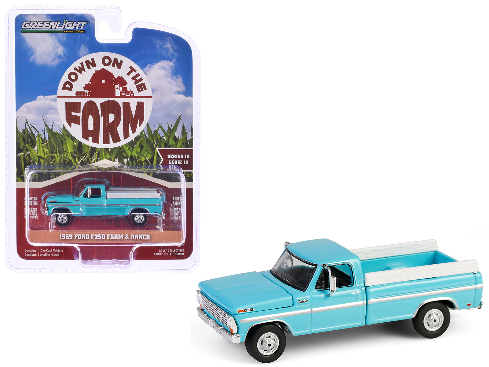 1969 Ford F-250 Farm & Ranch Special Pickup Truck Reef Aqua Blue "Down on the Farm" Series 10 1/64 Diecast Model by Greenlight