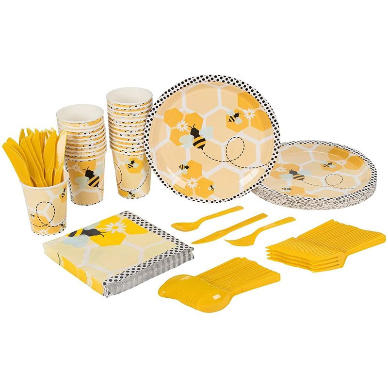 Blue Panda 144 Pieces Bumble Bee Party Bundle, Includes Plates, Napkins, Cups, and Cutlery (24 Guests)