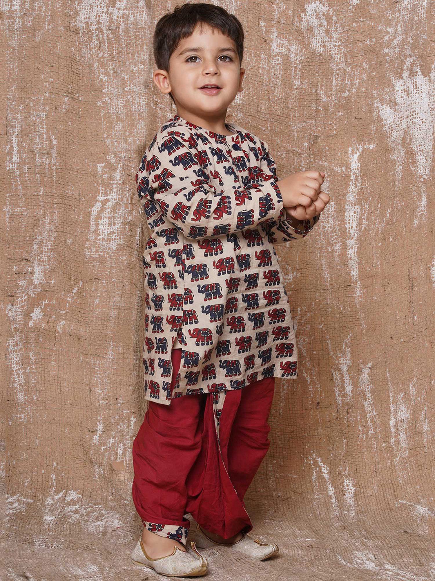 AJ Dezines Kids Beige & Maroon Printed Full Sleeves Kurta with Dhoti