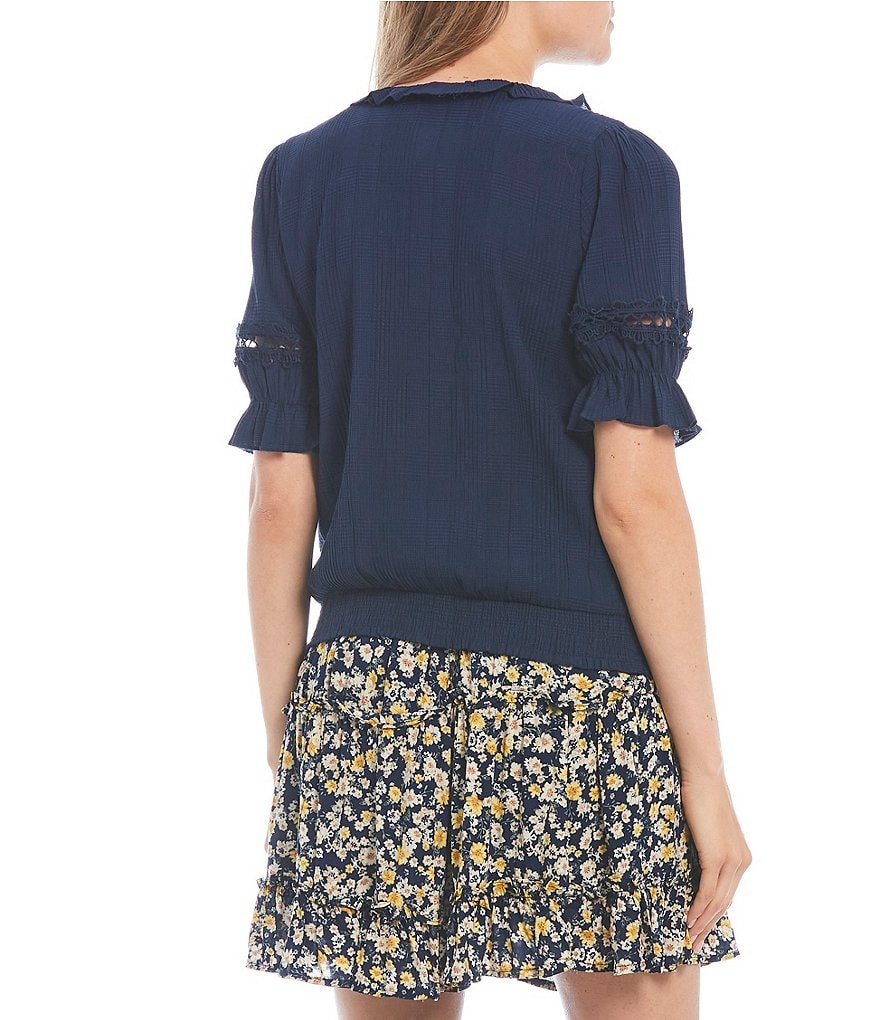 Blu Pepper Lace Surplice Short Puff Sleeve Top