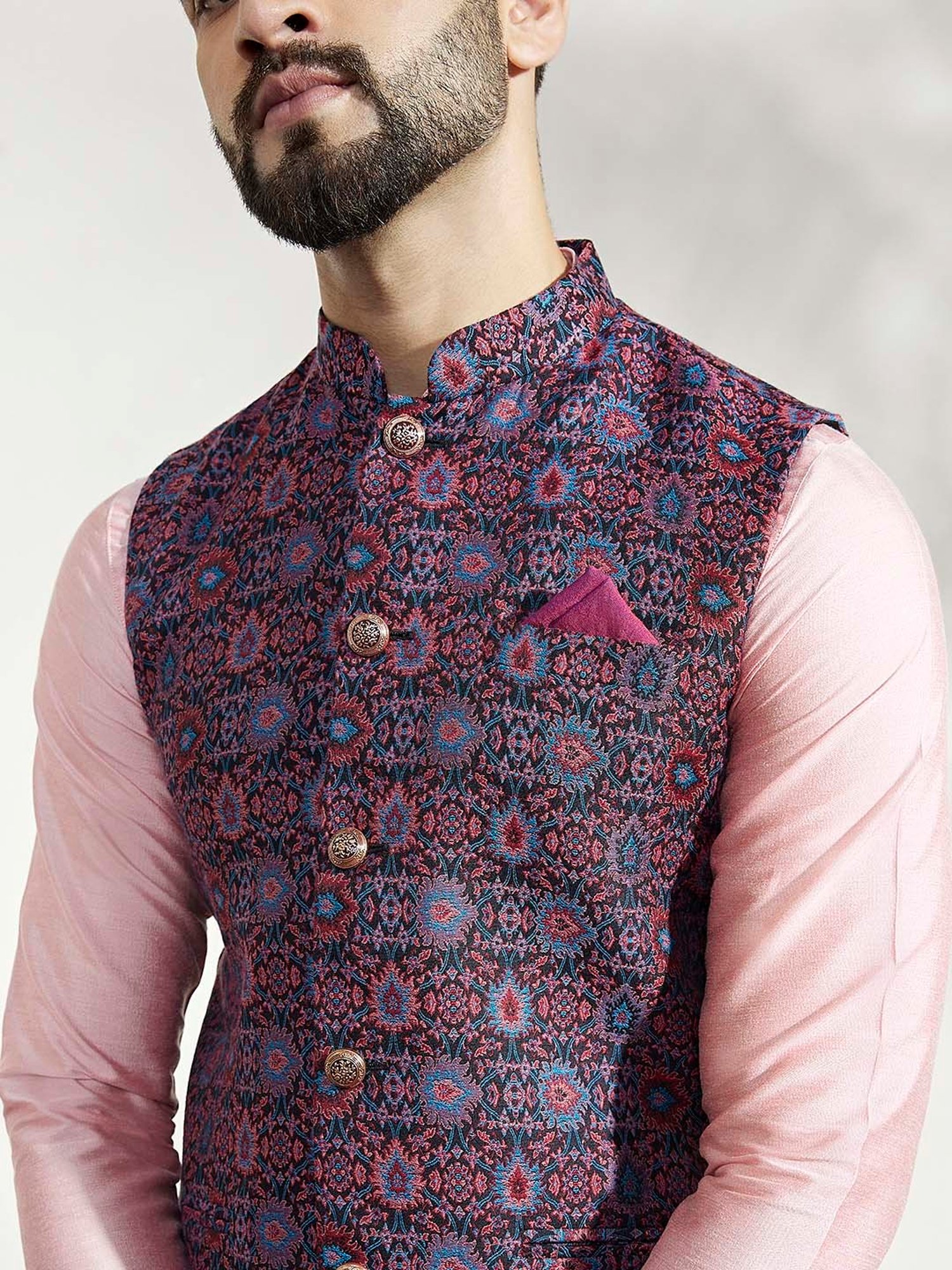 KISAH Multicolor Regular Fit Self Design Kurta & Pants With Nehru Jacket