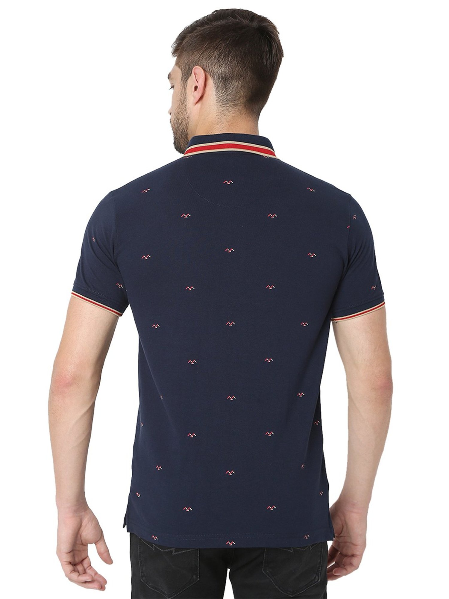 Mufti Navy Slim Fit Printed Cotton Polo T-Shirt