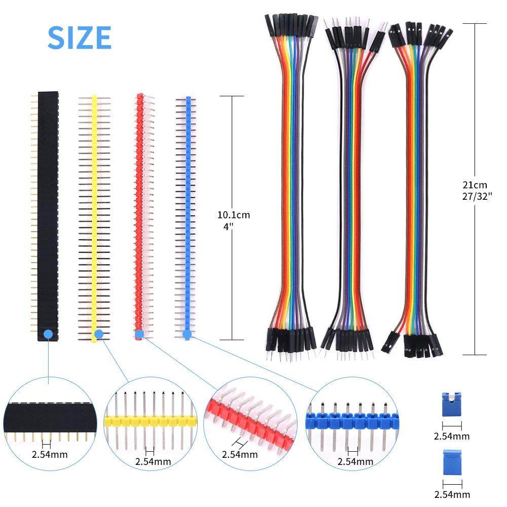 Glarks 248Pcs 40 Pin Breakaway Pin Headers and 2.54mm Circuit Board Jumper Caps with Breadboard Dupont Jumper Wire Ribbon Cables Connectors Assortment Set for Electronic Technology Arduino DIY