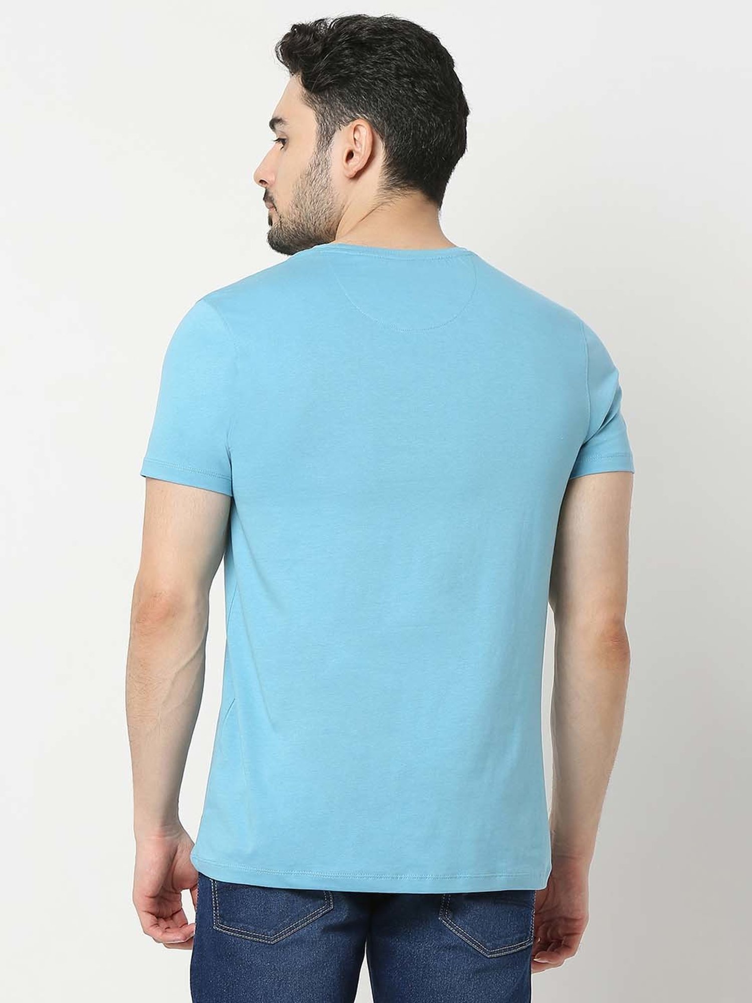 UnderJeans by Spykar Blue Regular Fit Printed Cotton Crew T-Shirt