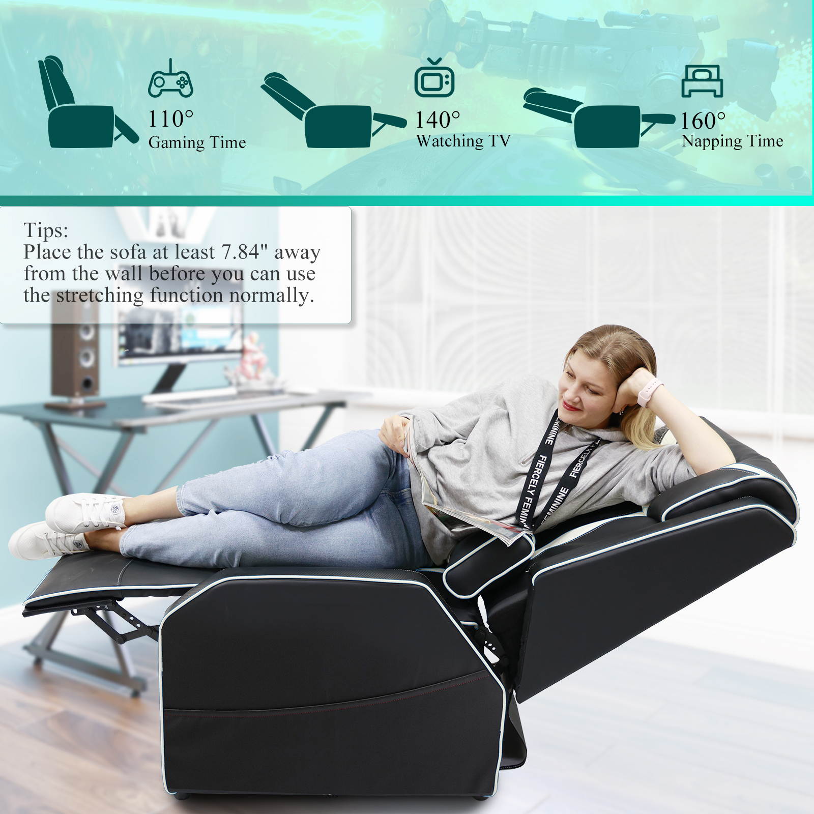 Gaming Recliner Chair Racing Style Single PU Leather Sofa Comfortable Living Room Recliners Ergonomic Adjustable Home Theater Seating - Red