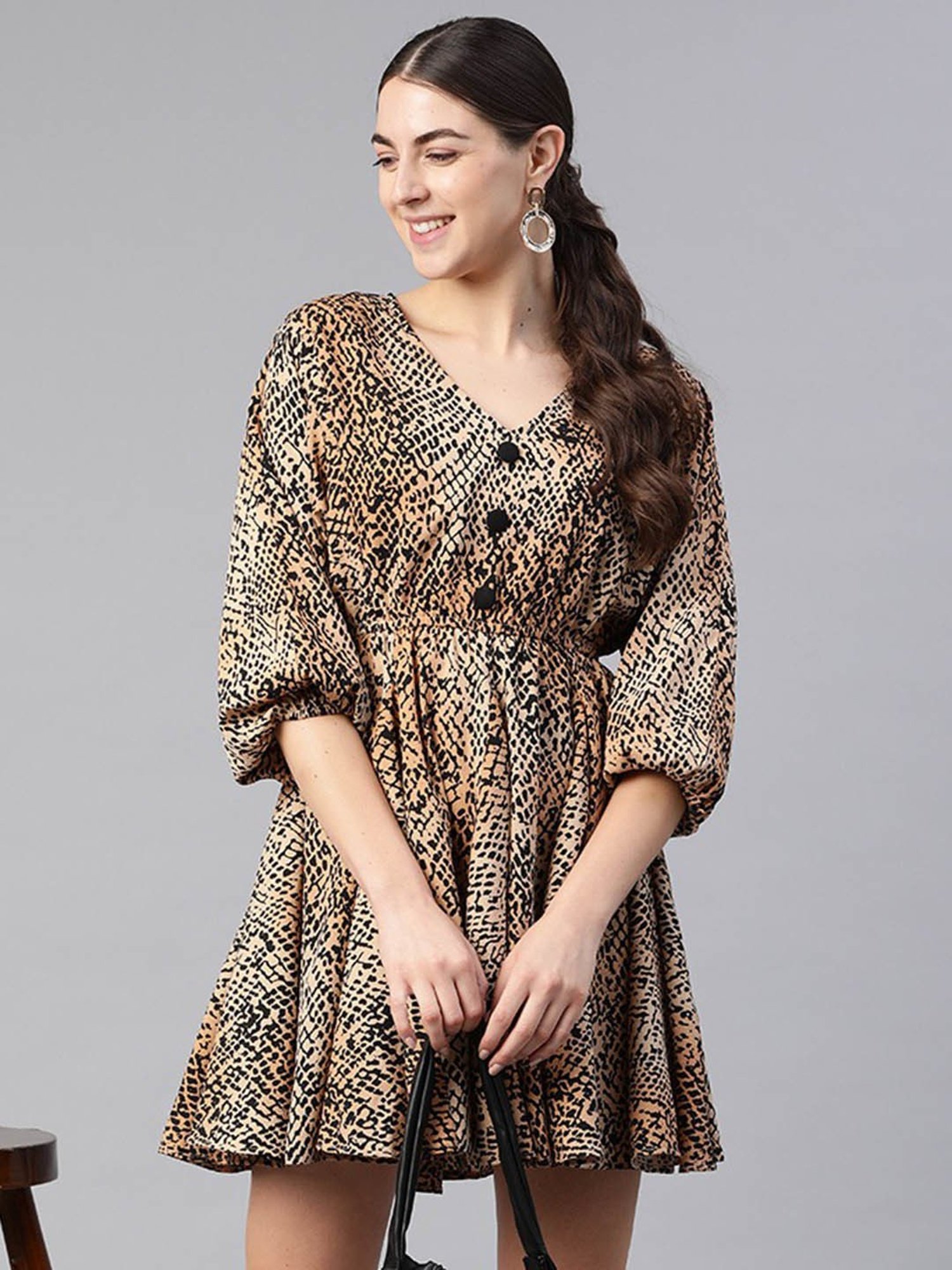 KASSUALLY Beige Animal Print Fit & Flare Dress
