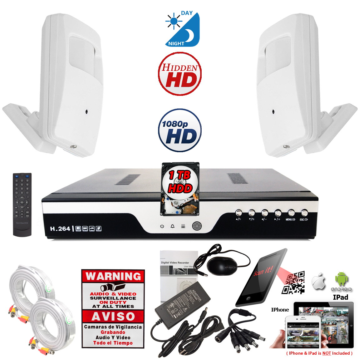 Evertech 2x 1080p Covert Hidden Camera with Night Vision and 8 Channel H264 Security DVR with 1TB Hard Drive  Cable Power Set