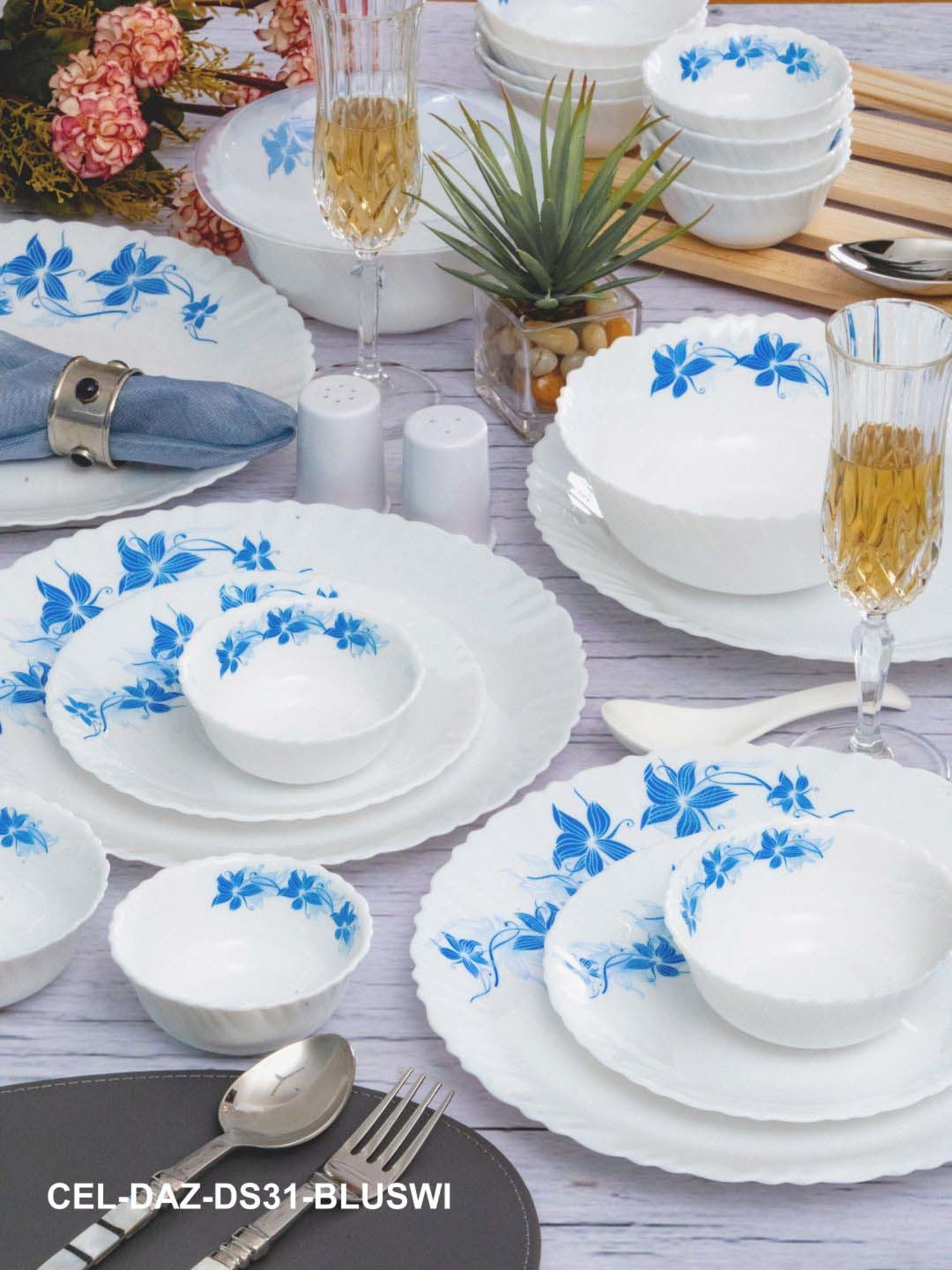 Cello White & Blue Glass Dinner Set