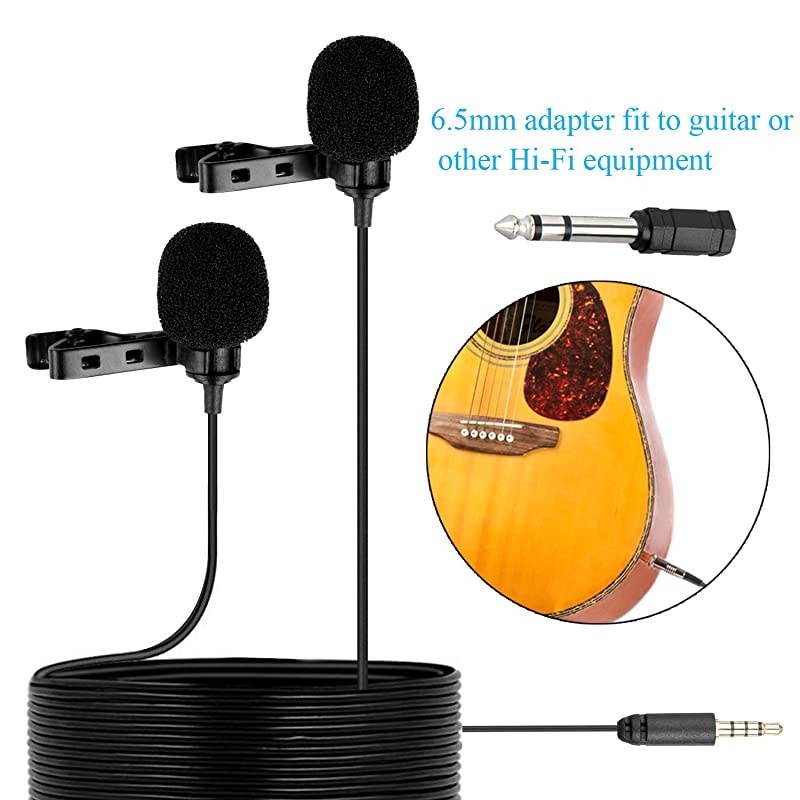 Professional Premiun Dual Lavalier Microphone  Lapel Clipon Omnidirectional Condenser Mic for iOS iPhone DSLR Guitar Android Smartphone Recording YouTube Interview Podcast Blog Vlog