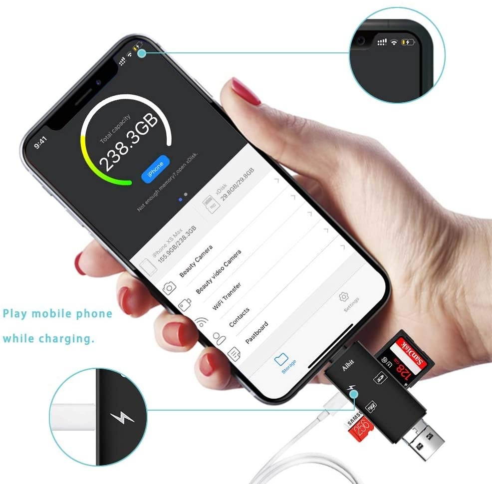 Aibit SD Card Reader for iPhone iPad Android Mac Computer Laptop Hunting Cam GoproTF Memory Micro SD Card Adapter for Trail Game Camera ViewerCompatible to iPhone iPad Charging (Black)