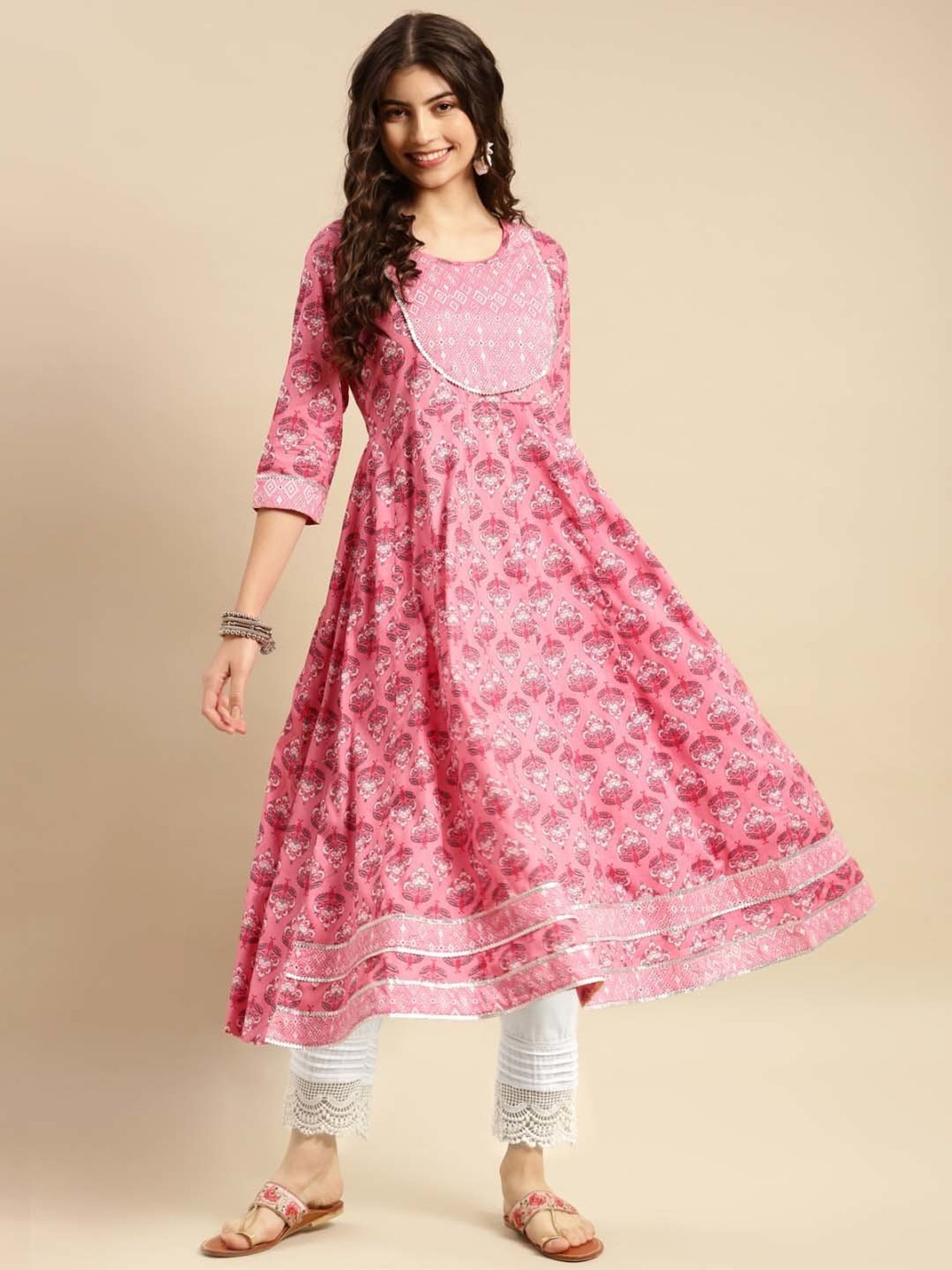 Rangita Pink & White Cotton Printed Kurta Pant Set