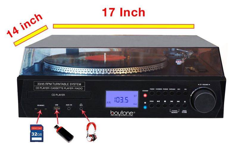 Boytone BT-11B Fully Automatic Large size Turntable Bluetooth Wireless speaker AM/FM, CD, USB, SD, Cassette Player