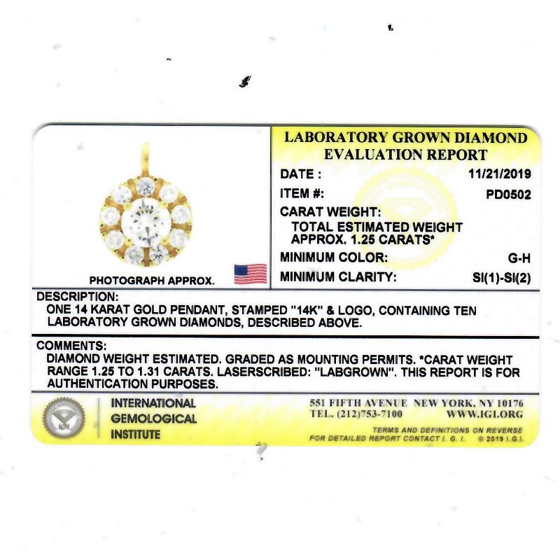 Pompeii3 14K Yellow Gold 1 1/4Ct Lab Created Diamond Pendant Necklace IGI Certified (GH/SI)