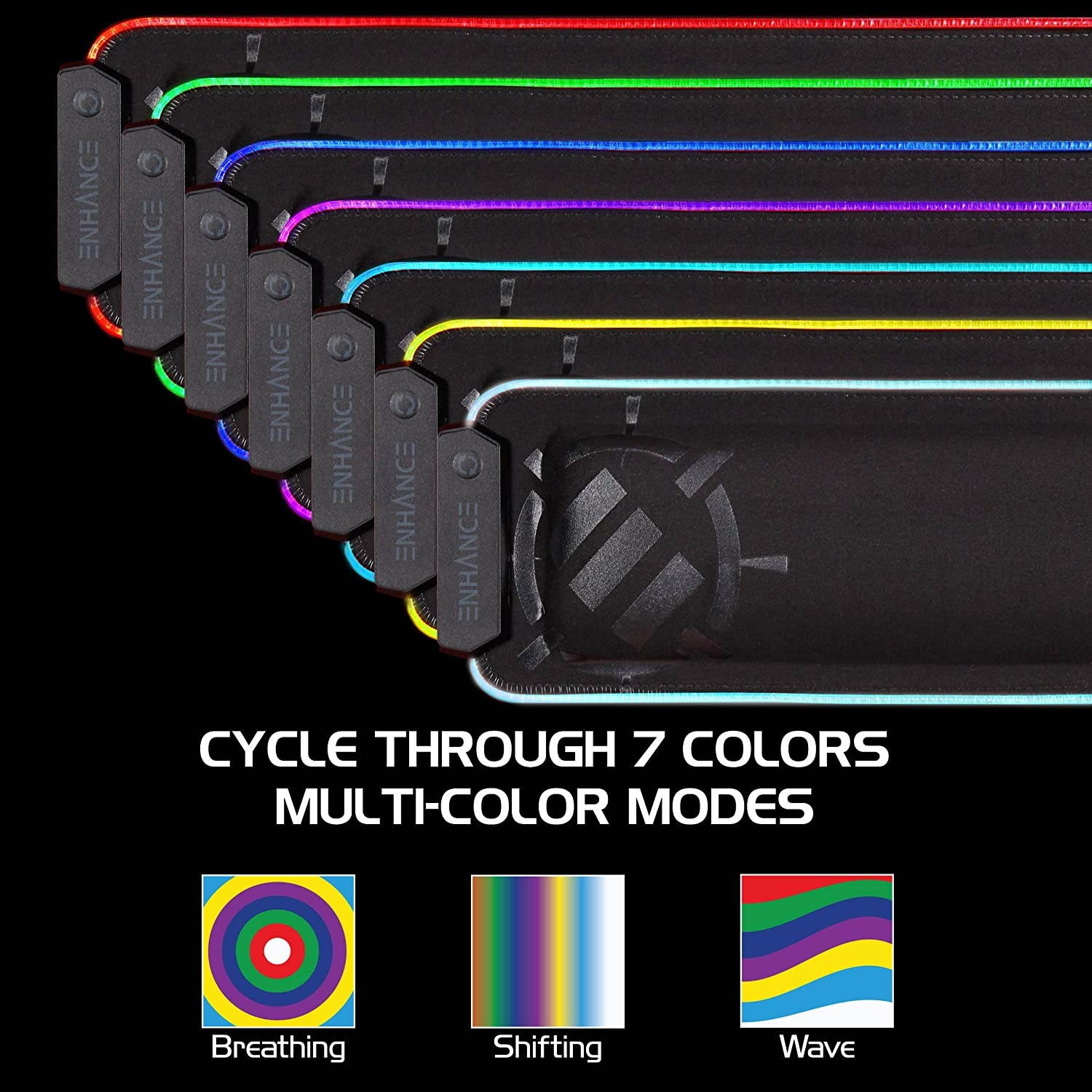 ENHANCE LED Gaming Keyboard Wrist Rest Pad with Soft Memory Foam Support for Full Size Keyboards - 7 Illuminated Colors, 3 Color Modes, Smart Control, Non-Slip Base - Thick 1" Padding for Esports