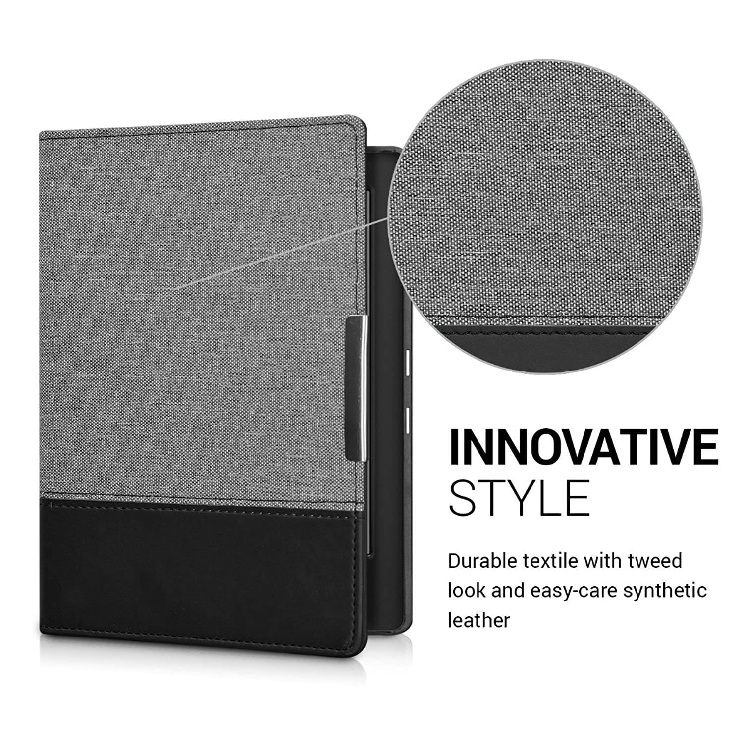 kwmobile Case Compatible with Kobo Aura H2O Edition 1 - PU Leather and Canvas e-Reader Cover - Dark Grey/Black