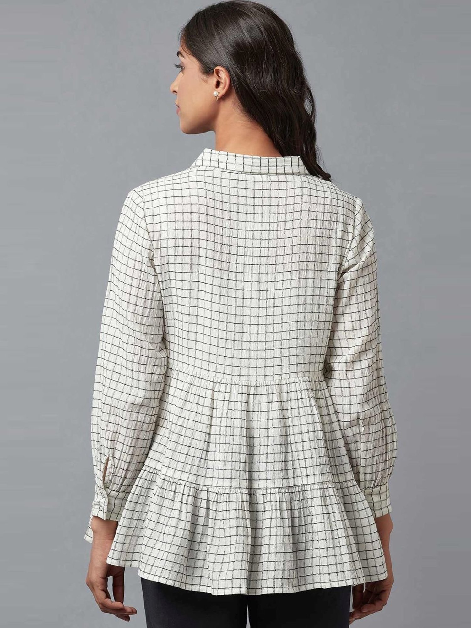 W Off-White Cotton Chequered Tunic