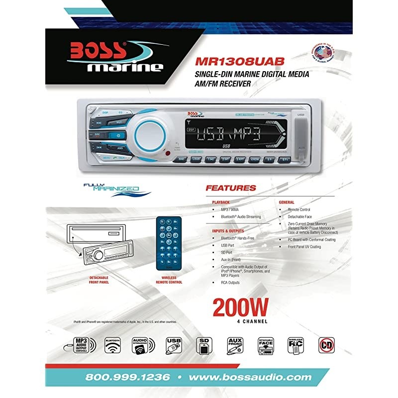 MR1308UAB Marine Receiver - Weatherproof, Bluetooth Audio, USB, SD, MP3, AM/FM, Aux-in, No CD Player, White, 8.50in. x 8.50in. x 4.00in.