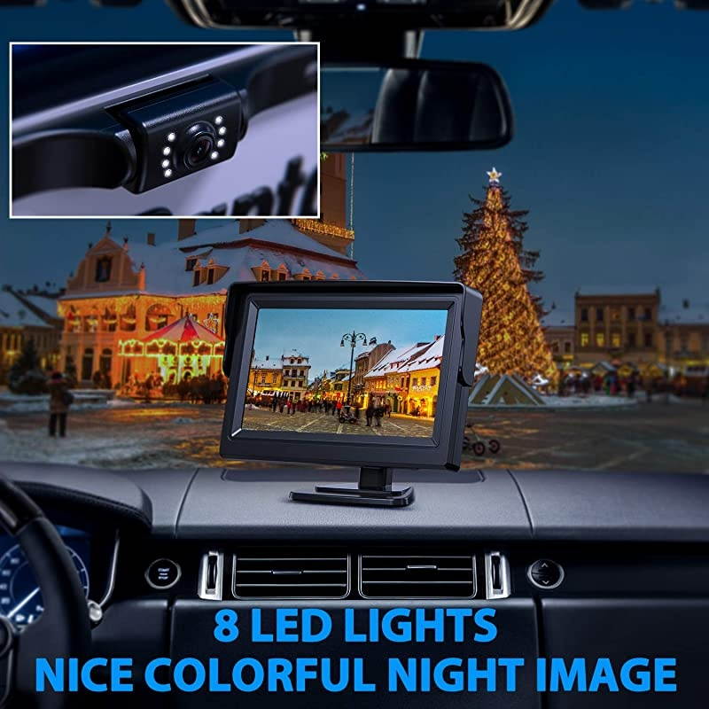 Backup Camera ERT01 with 4.3 inch Monitor License Plate Back Up Camera for Car Pickup Truck SUV Rear View Camera Backing Reverse Camera Crystal Clear Image IP69 Waterproof Nice Night Vision