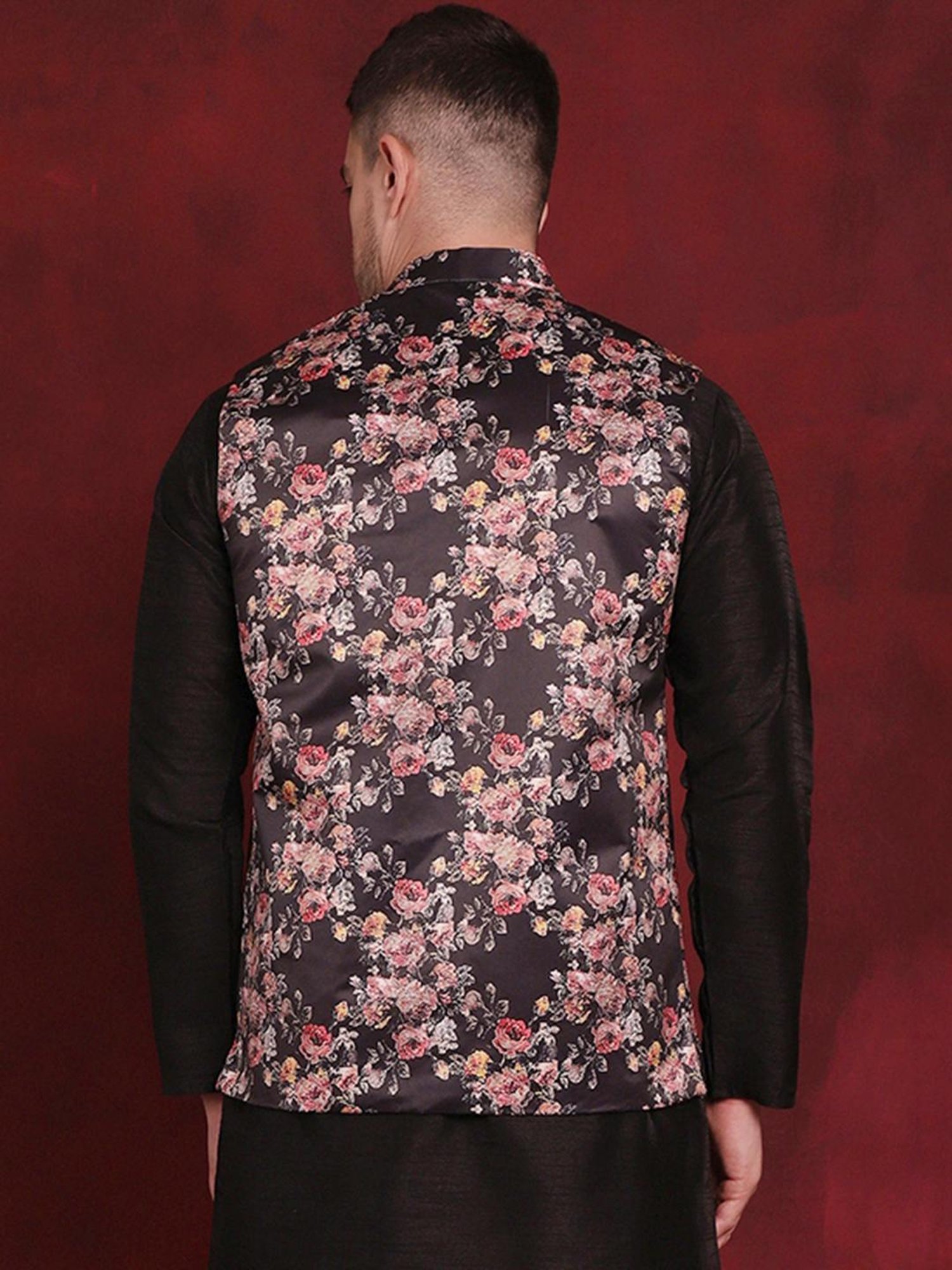 Jompers Black Regular Fit Printed Nehru Jacket