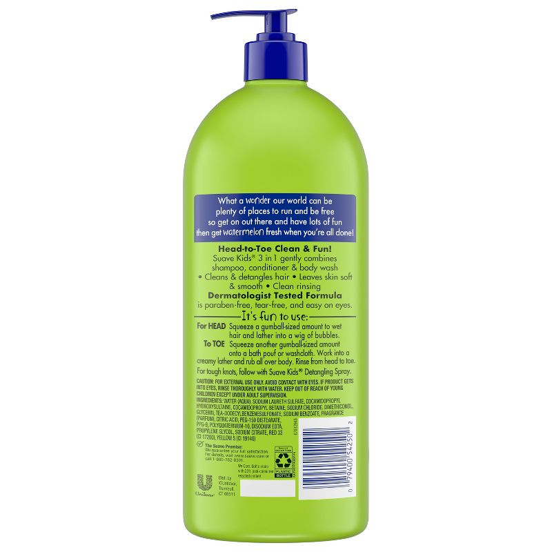 Suave Kids 3-in-1 Shampoo Conditioner Body Wash For Tear-Free Bath Time Watermelon Wonder - 40 fl oz