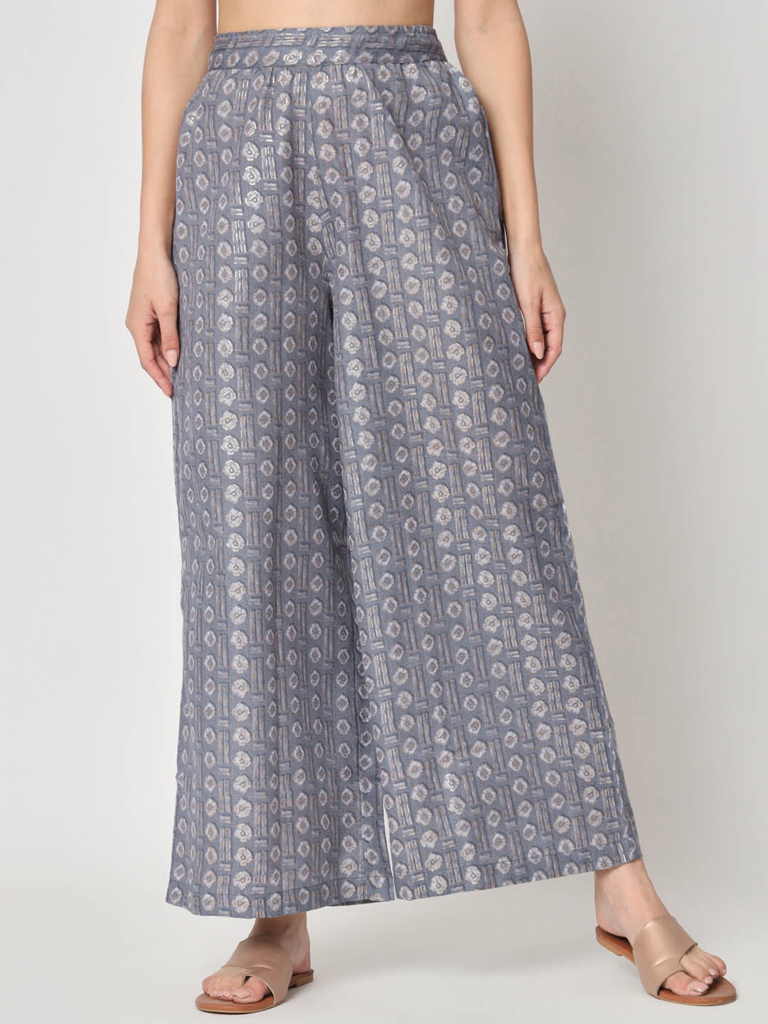 9rasa Grey Cotton Gold Foil Print Palazzos