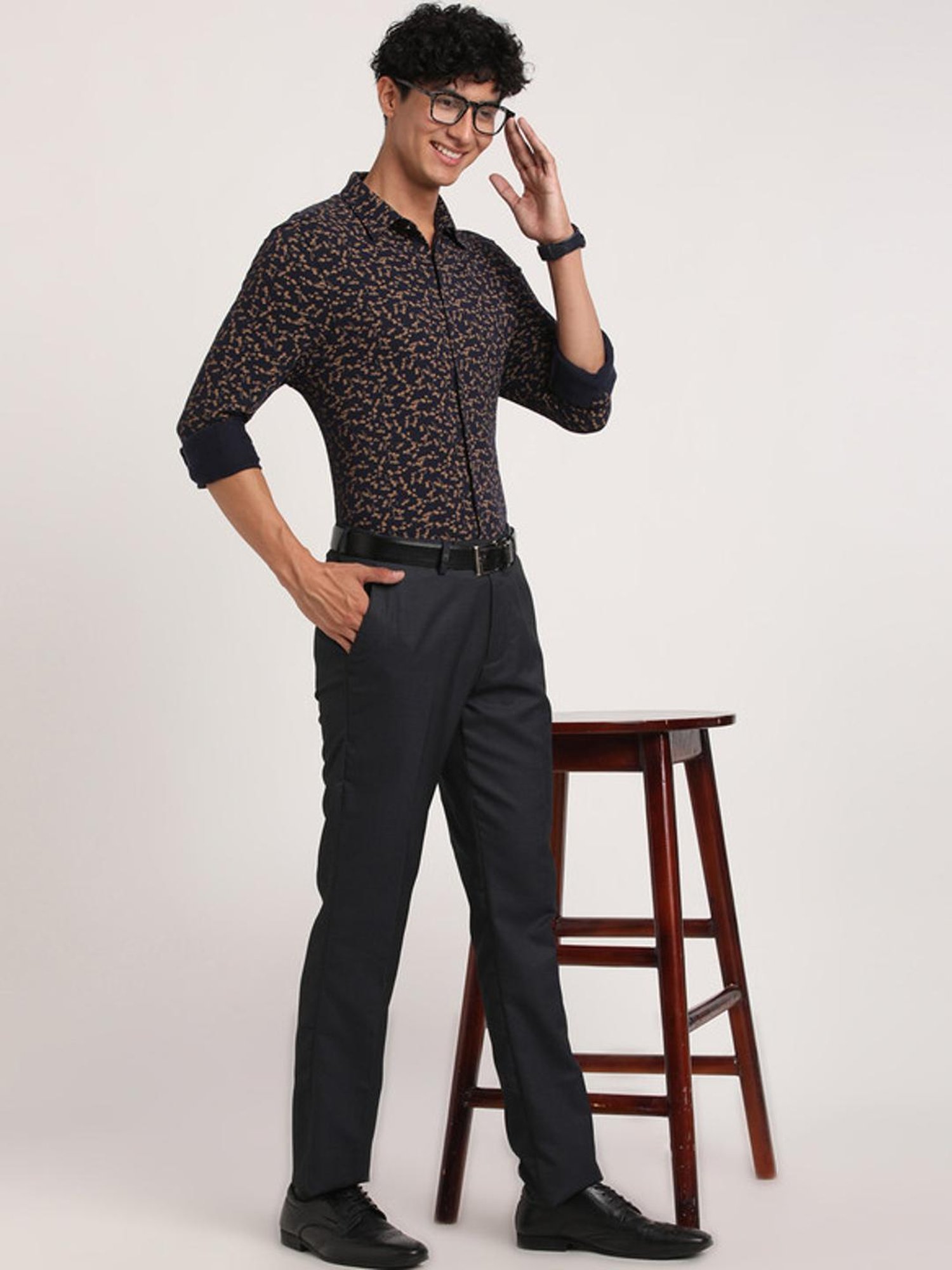 Sojanya Blue Cotton Regular Fit Self Pattern Shirt