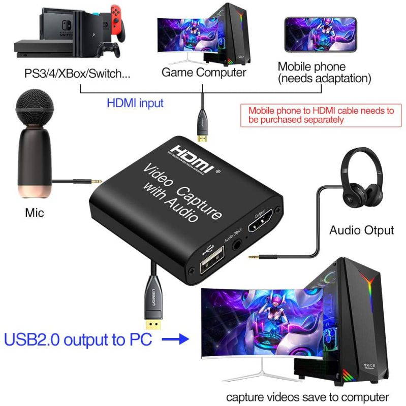 Audio Video HDMI Capture Card with Loop Out, 4K HD 1080P 60FPS USB 2.0 HDMI Capture Card for Live Streaming Video Recording for PS3/4, Xbox One & Xbox 360, Switch, DSLR, Camcorders