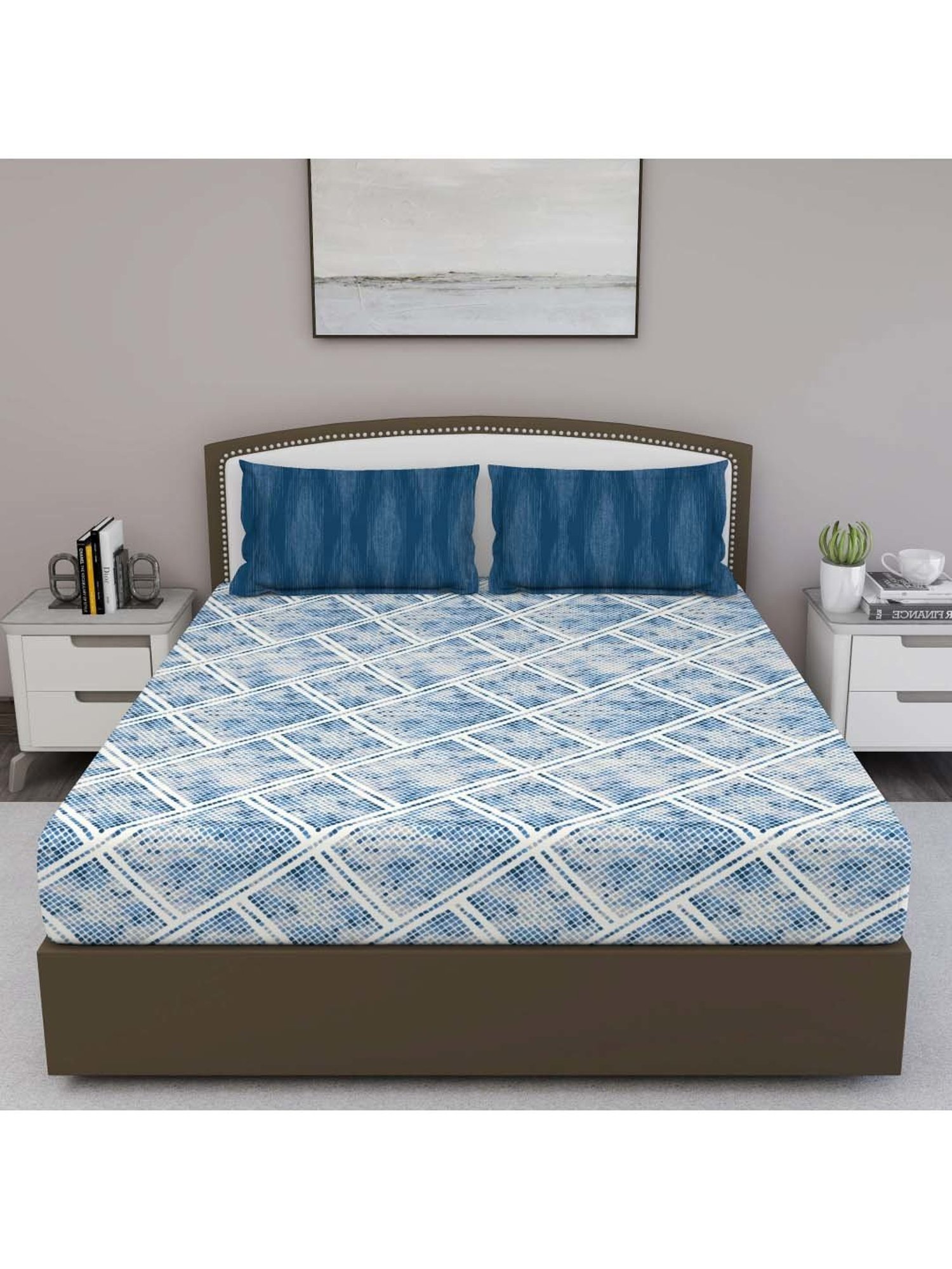 GM 'Serene' Navy & White Cotton 210 TC Double Bedsheet with 2 Pillow Covers