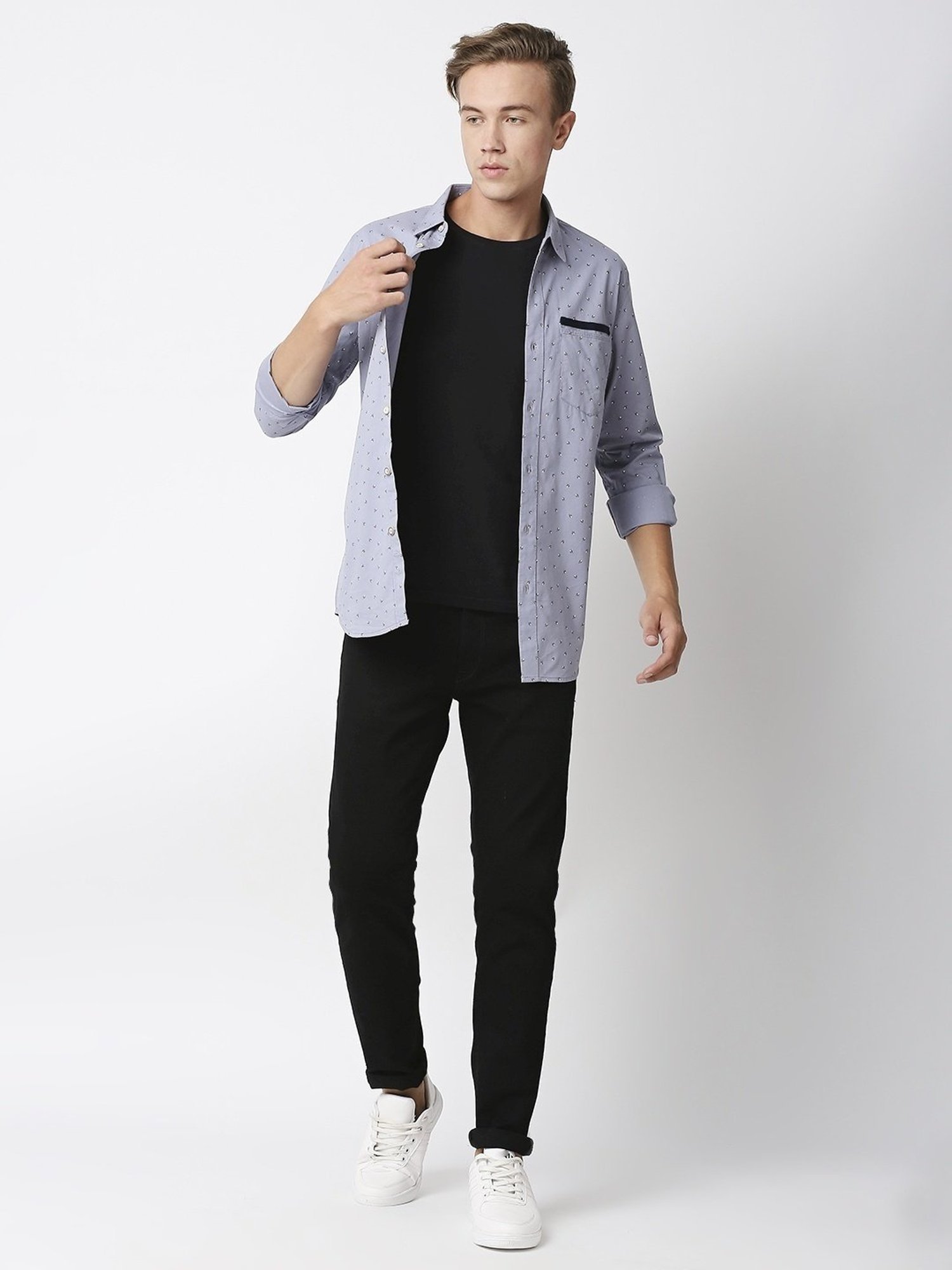 Solemio Grey Slim Fit Printed Shirt