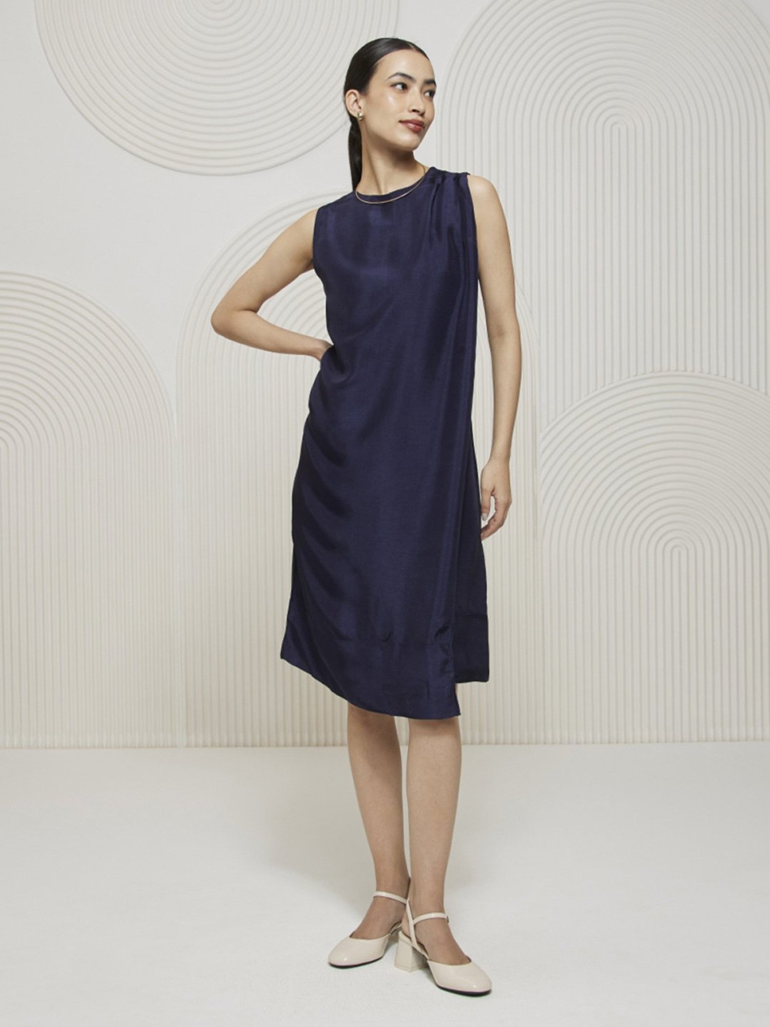 Artagai Navy Peony Elevated Basics Knee Length Dress with Pleat Detail At Shoulder