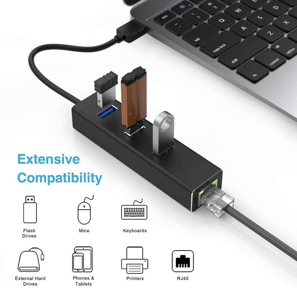 CUUWE Aluminum 3-Port USB 3.0 Hub with RJ45 10/100/1000 Gigabit Ethernet Adapter Converter LAN Wired USB Network Adapter for Ultrabooks, Notebooks, Tablets and More