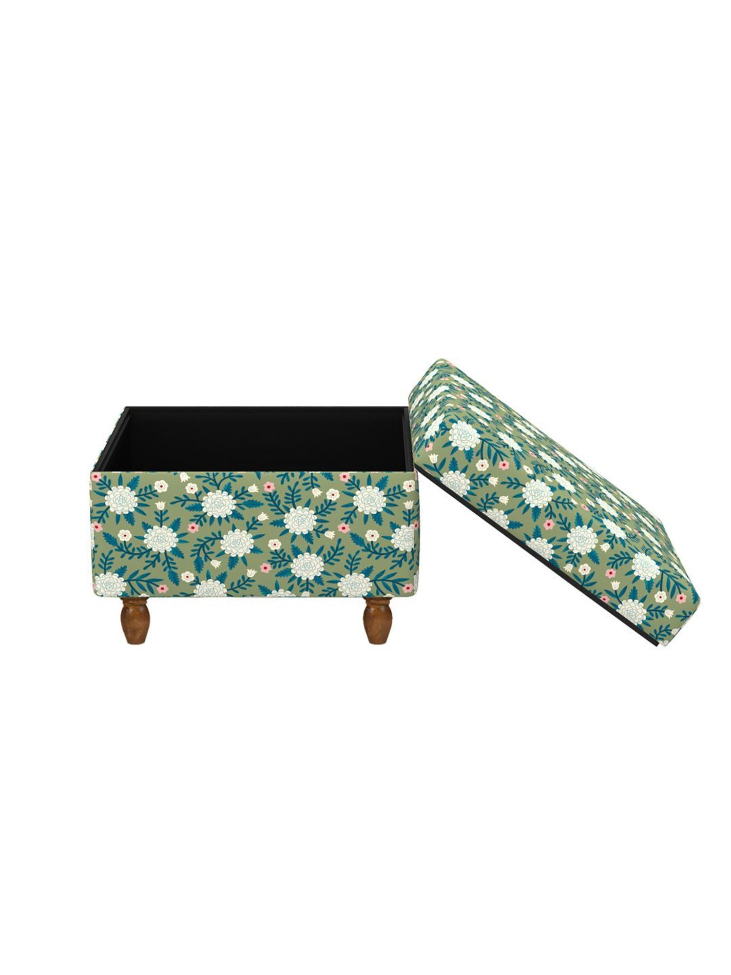 Chumbak Spring Marigold Floral Green Mango Wood Modern Trunk Storage Ottoman