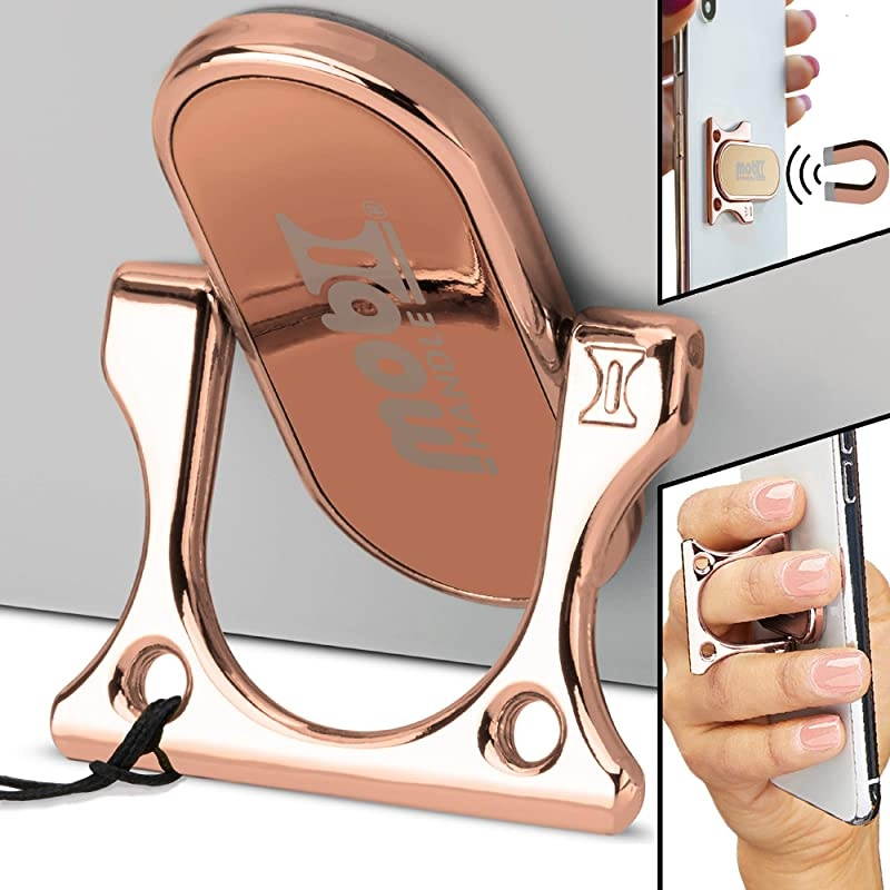 3 Finger Phone Ring Holder Kickstand  Comfy Secure Grip Scratch Resistant Durable Light Metal Ideal for Magnetic Car Mount or Stand Gift Idea w Wrist Strap Rose Gold
