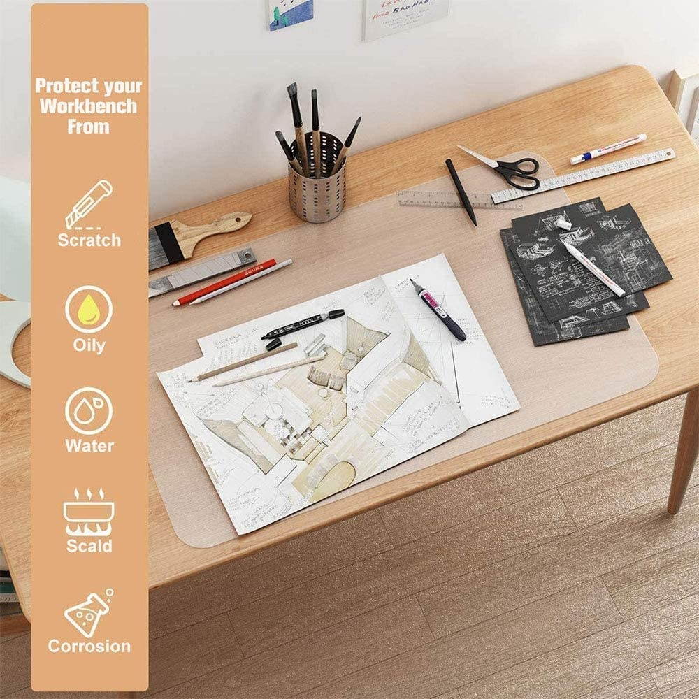 Clear Desk Pad 31.5x15.8 Inches Desk Protector Office Underside Textured Thickening PVC Desk Cover Table Cover Mat with Round Edges , with PU Black Pad
