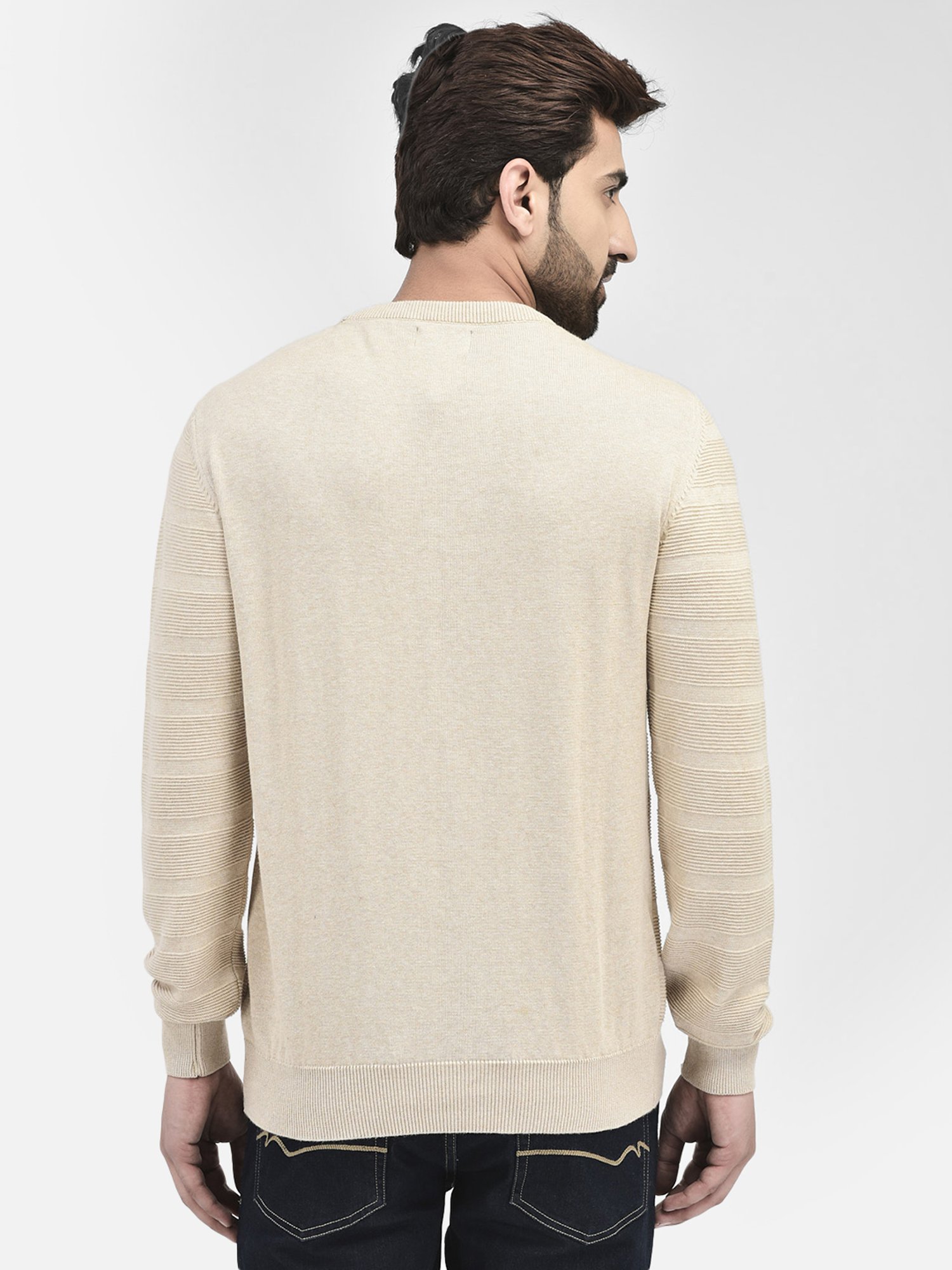 Crimsoune Club Beige Regular Fit Self Design Cotton Sweater
