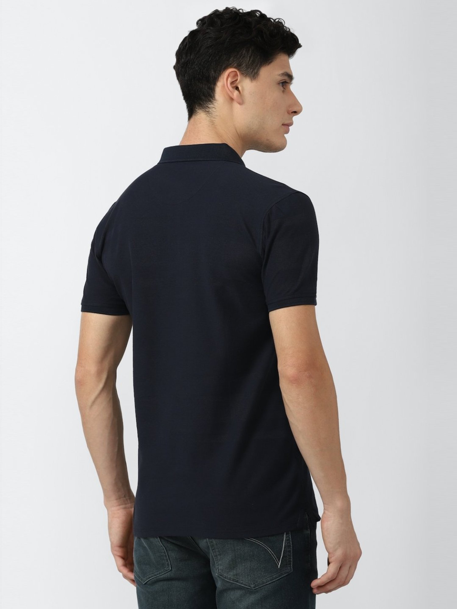 V Dot Navy Blue Cotton Slim Fit Striped Polo T-Shirt
