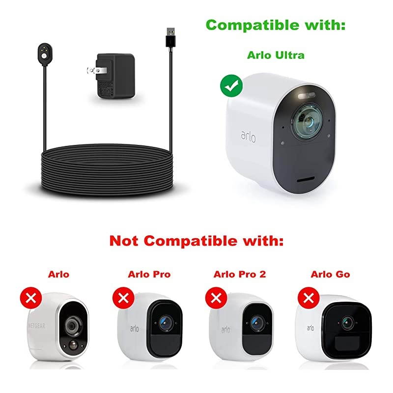 Arlo Ultra Cable Taken Weatherproof OutdoorIndoor Magnetic Charging Cable and Power Adapter for Arlo Ultra 4K Security Camera Black