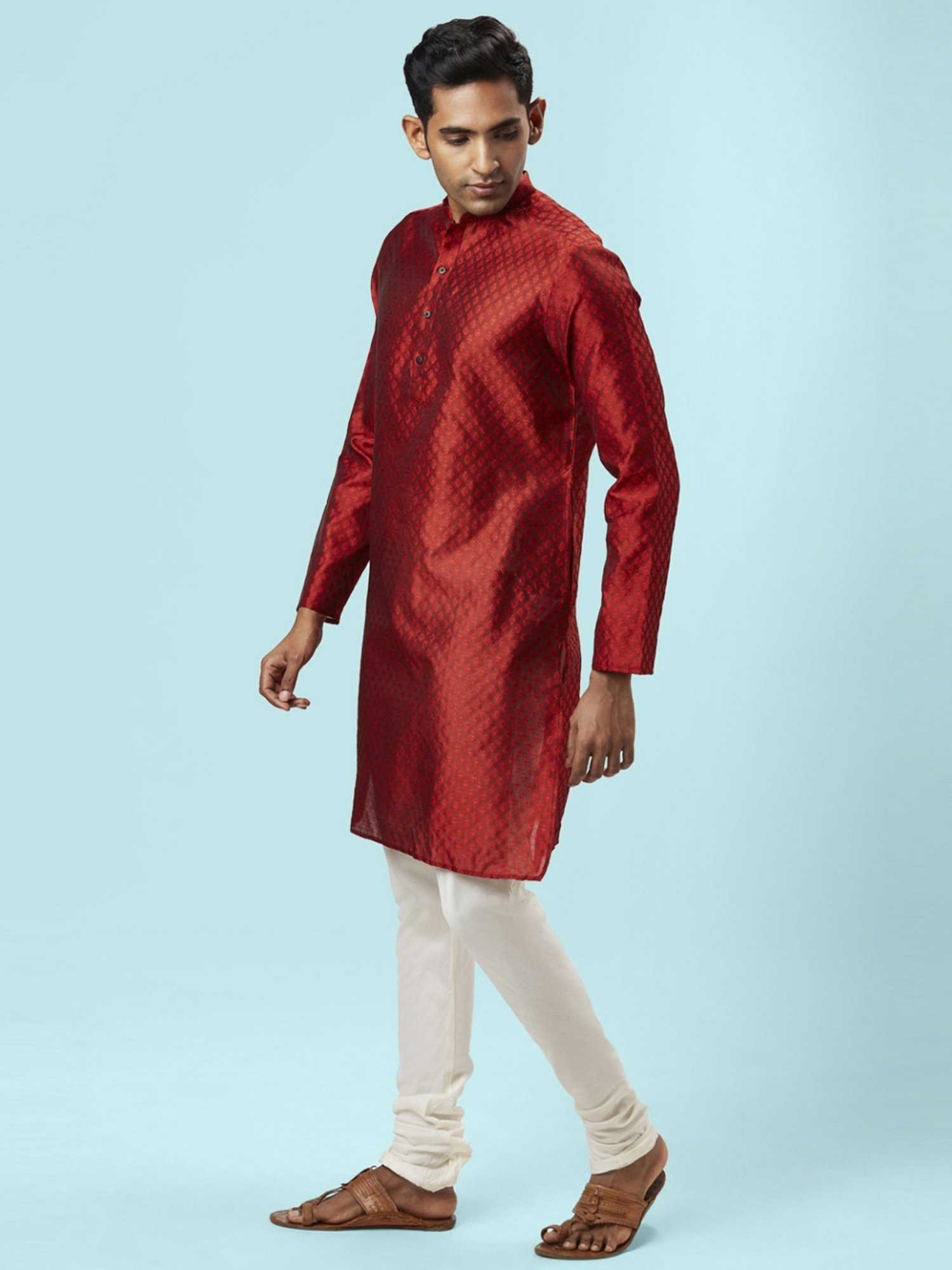 Indus Route by Pantaloons Maroon & White Regular Fit Self Pattern Kurta Bottom Set