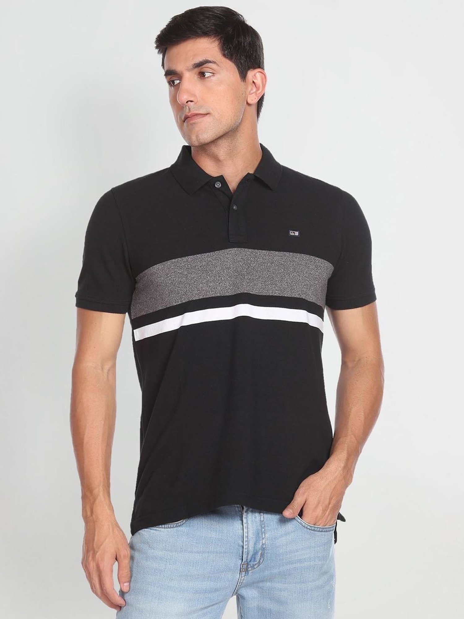 Arrow Sport Black Cotton Regular Fit Striped Polo T-Shirt