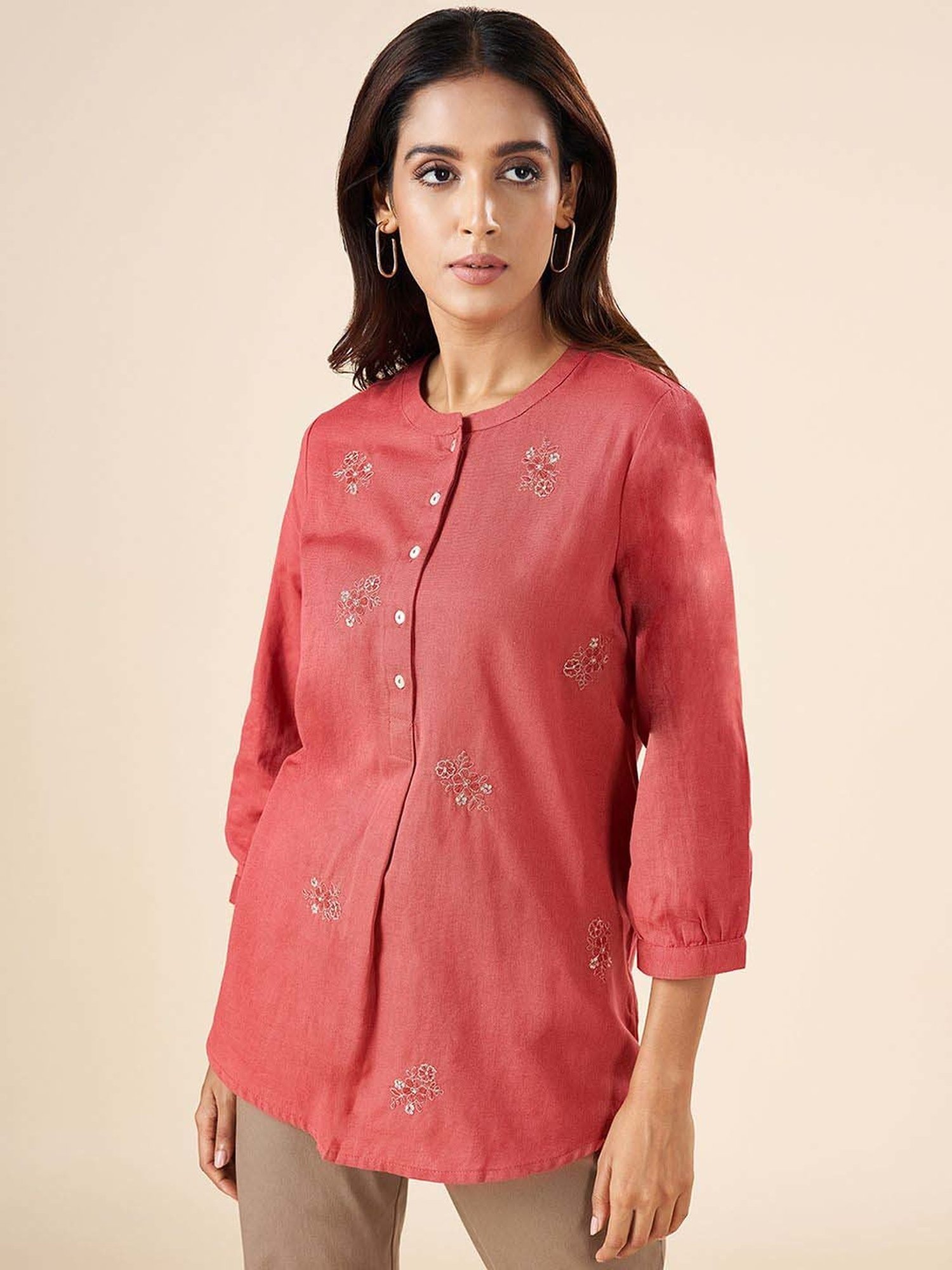 Akkriti by Pantaloons Rust Cotton Embroidered Tunic