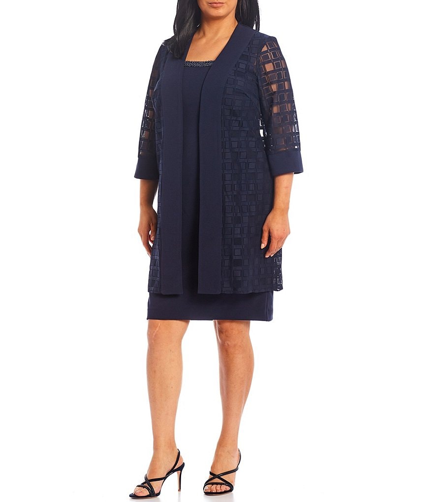 Le Bos Plus Size Square Neck 3/4 Sleeve Duster 2-Piece Jacket Dress