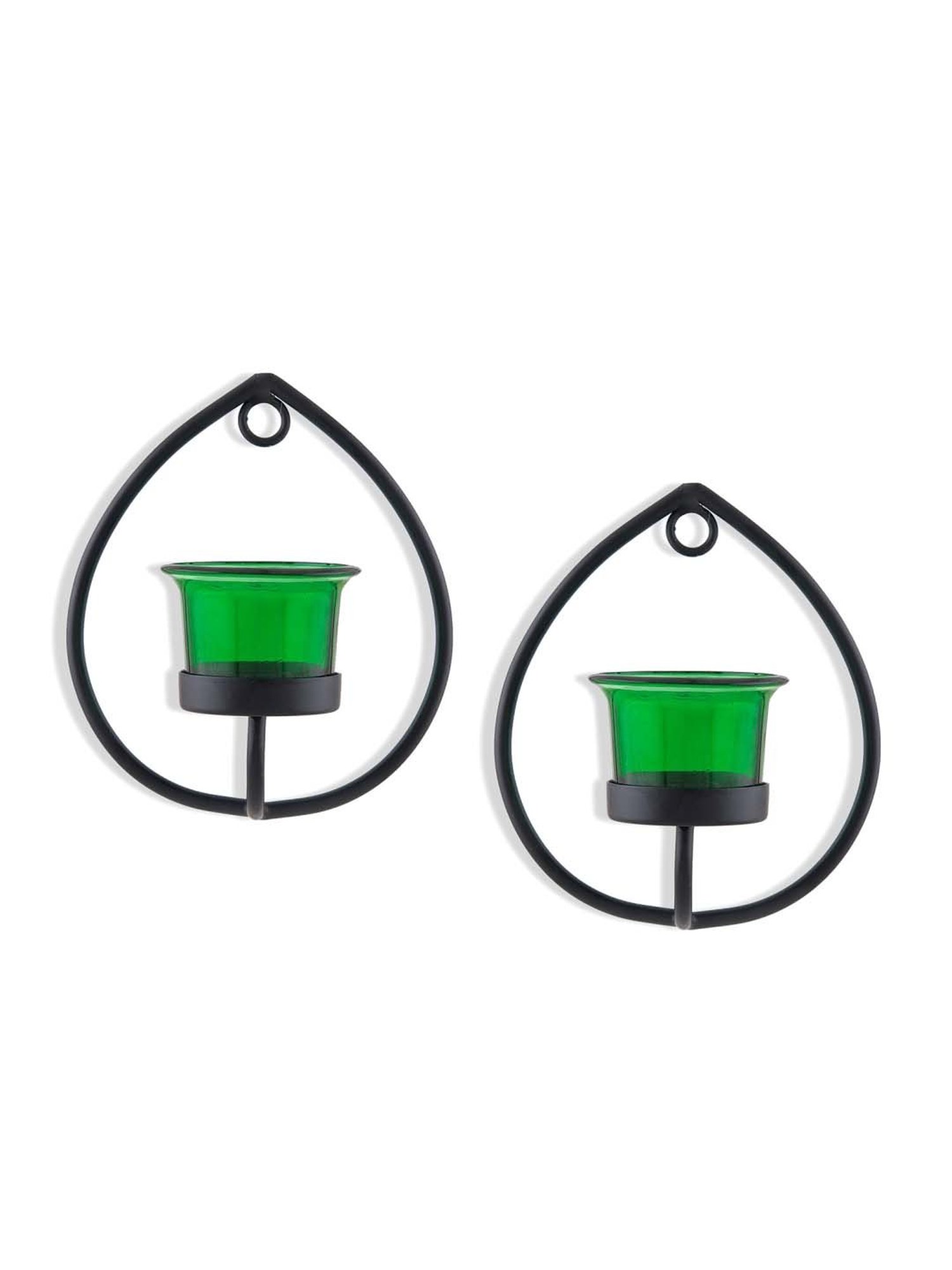 Homesake 'Diwali' Black & Green Metal Wall Candle Holder With Tea Light Candle - Set of 2