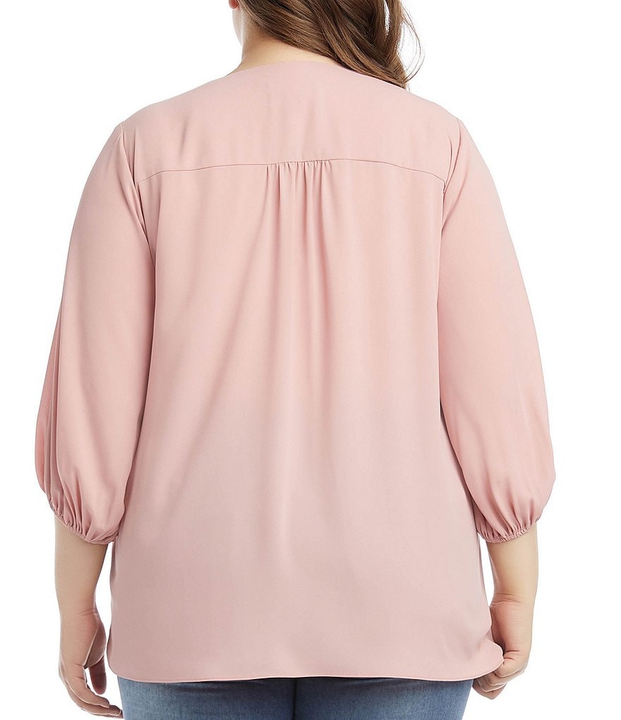 Karen Kane Plus Size Round V-Neck Crossover Blouson 3/4 Sleeve Top
