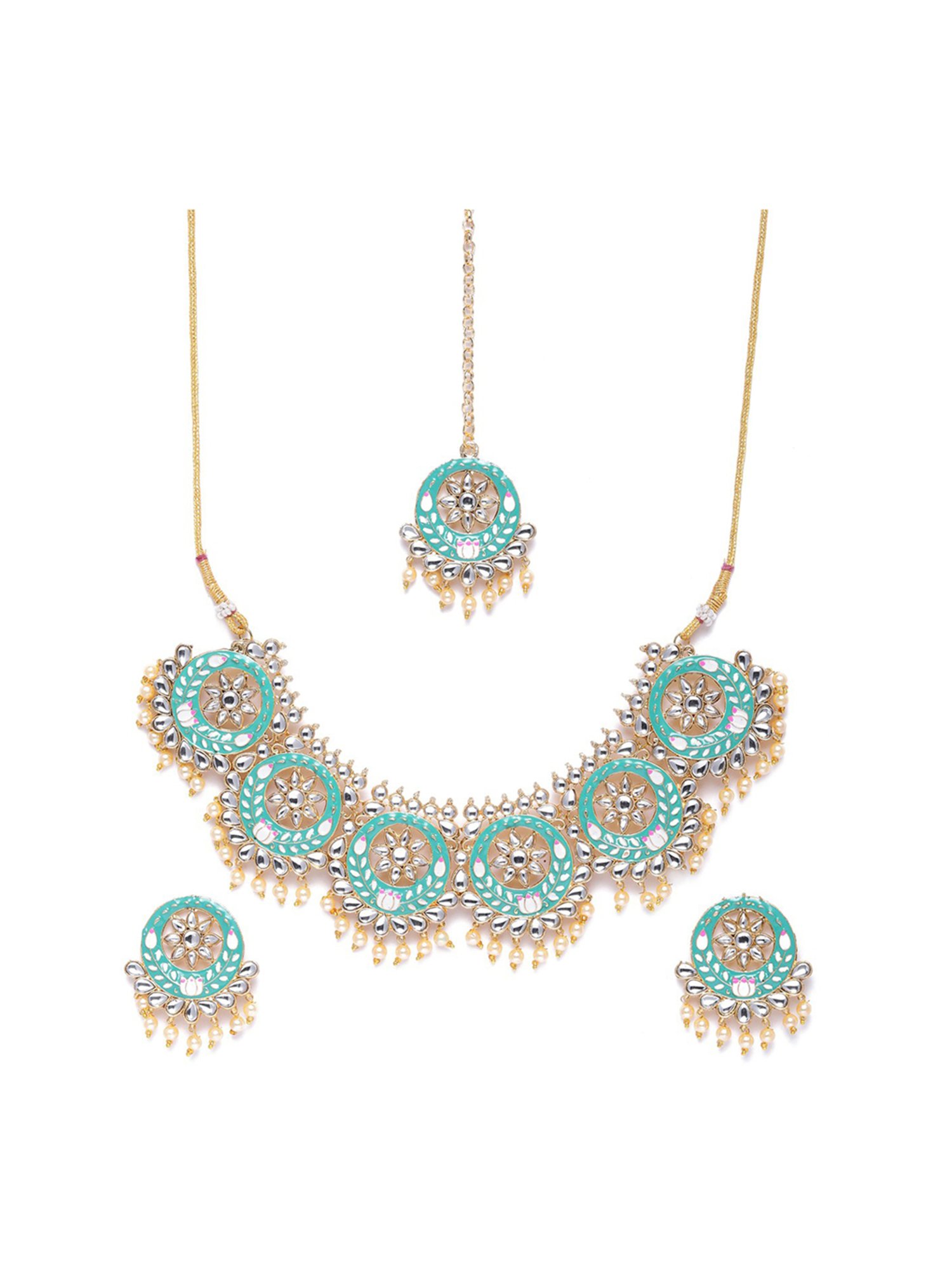 Zaveri Pearls Pastel Green Pink Meenakari Lotus Kundan Necklace Earring & Maangtikka Set-ZPFK10132