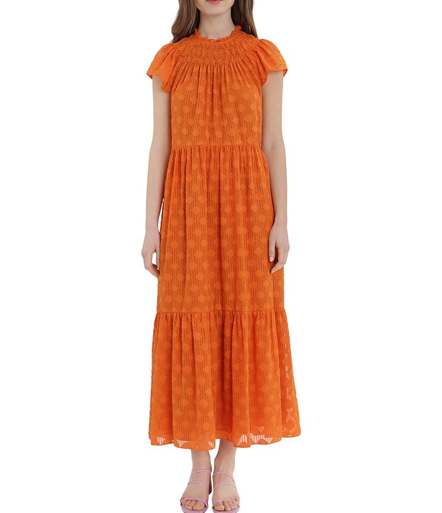 Donna Morgan Smocked Mock Neck Cap Sleeve A-Line Midi Dress